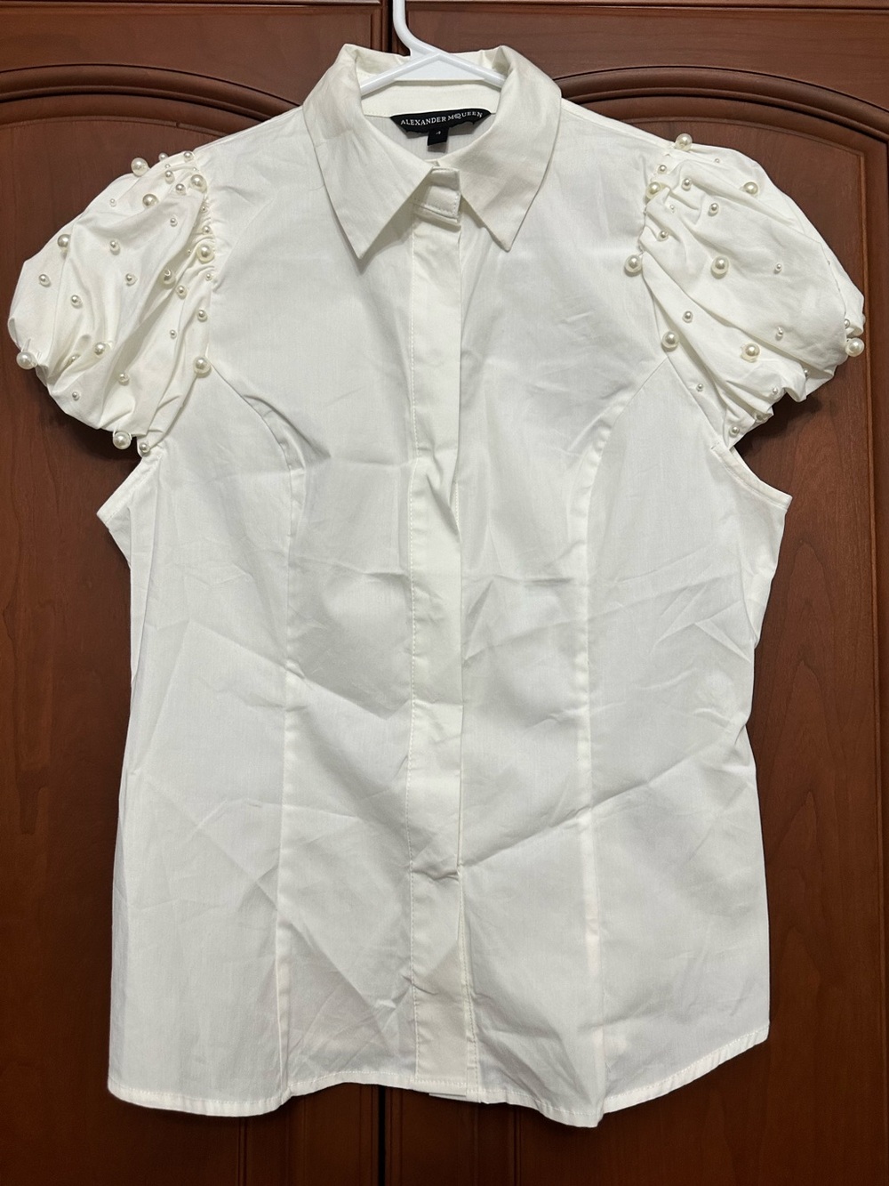 Alexander McQueen brand pearl cotton embellished top blouse